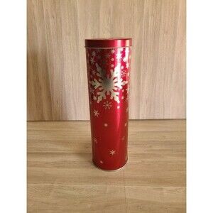 Tall Red Snowflake Tin 11" Holiday Cookie Container, Festive Winter Gift Storage